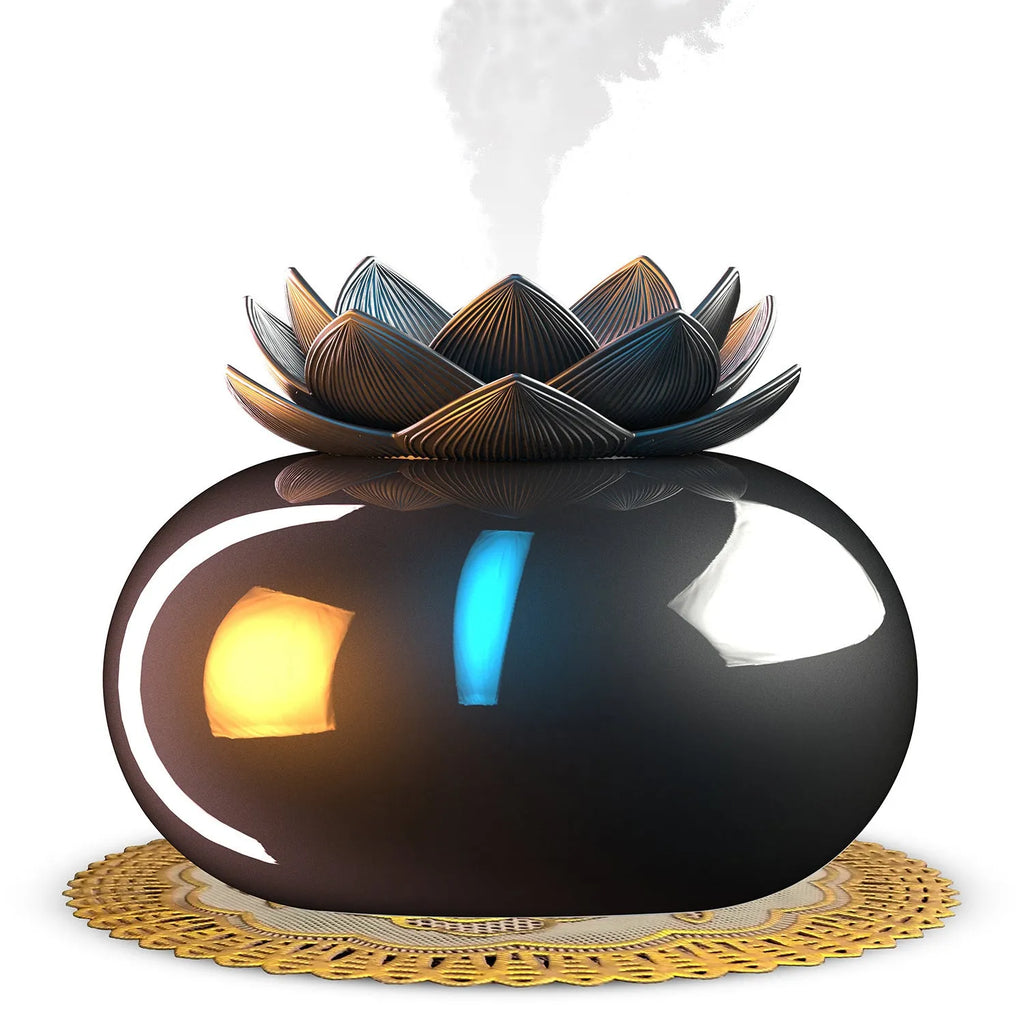 Pure black round lotus aromatherapy humidifier with USB cable and ceramic accents