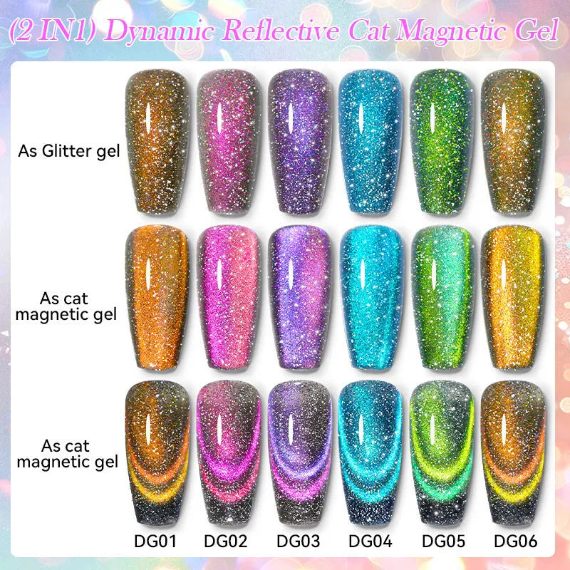 Diamond In The Debris cat eye nail polish gel bottles showing six colour variations with diamond fragments