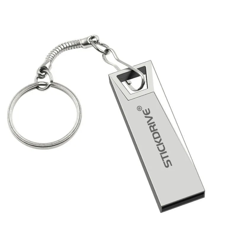 Metal USB flash drive on a keyring lanyard with silver finish