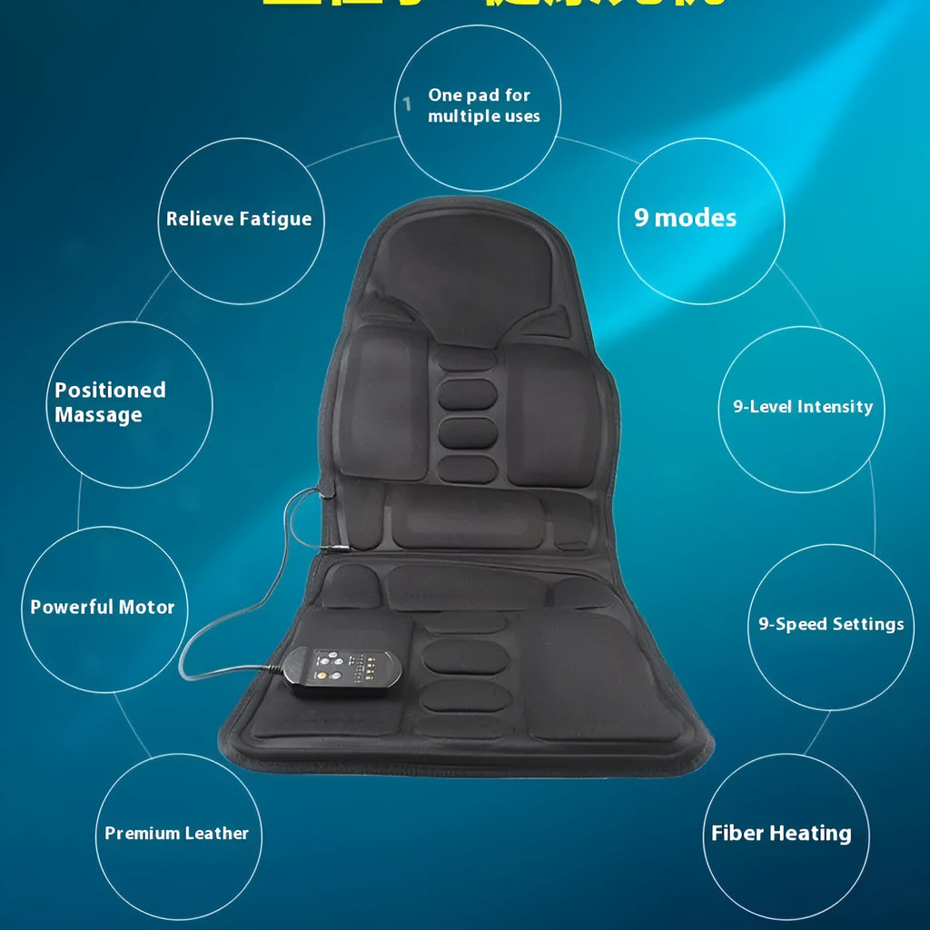 Black electric heating and massage mat seat cushion with infrared physiotherapy function.