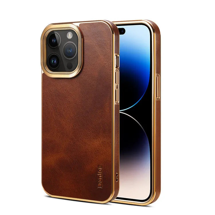 Handmade leather iPhone case in vintage oil wax leather with slim profile and 360-degree protection