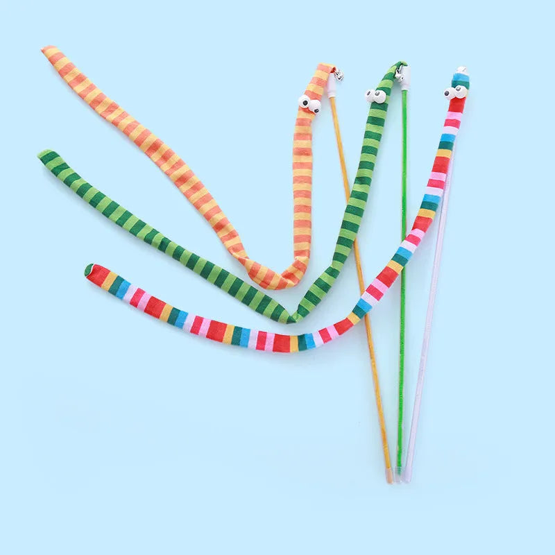 Cat wand toy with colourful plush strip and bell on a polycarbonate pole for interactive play