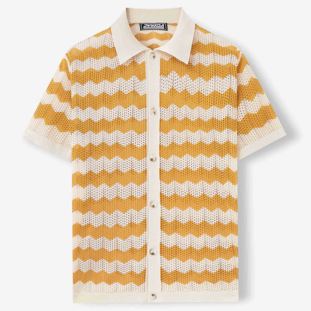Short sleeve blue American-style sweater with hollow jacquard corrugated texture and flocking detail
