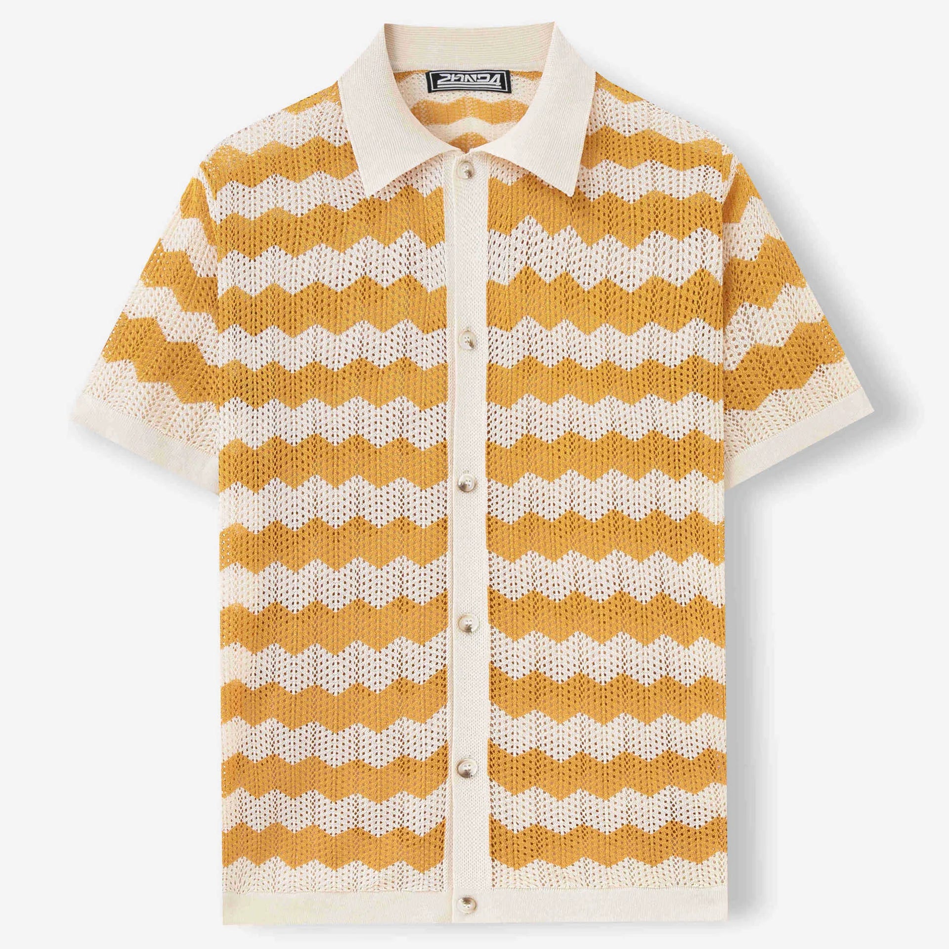 Short sleeve blue American-style sweater with hollow jacquard corrugated texture and flocking detail