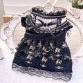 Golden gothic princess style polyester skirt costume for cats and dogs showing size range from XS to XL