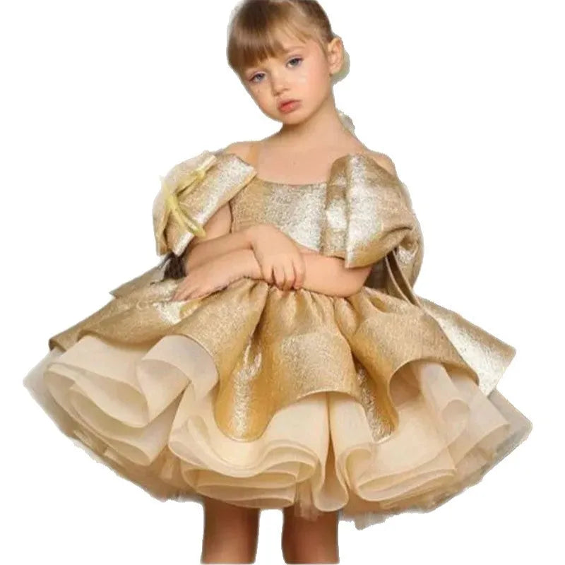 Gold satin one-year-old celebration dress for baby girl in princess style, polyester fabric, available in 80-150cm heights