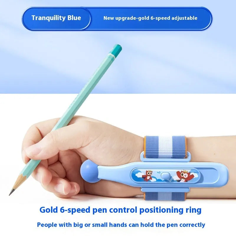 Blue anti-hook wrist brace pen corrector for children's handwriting posture on a desk.