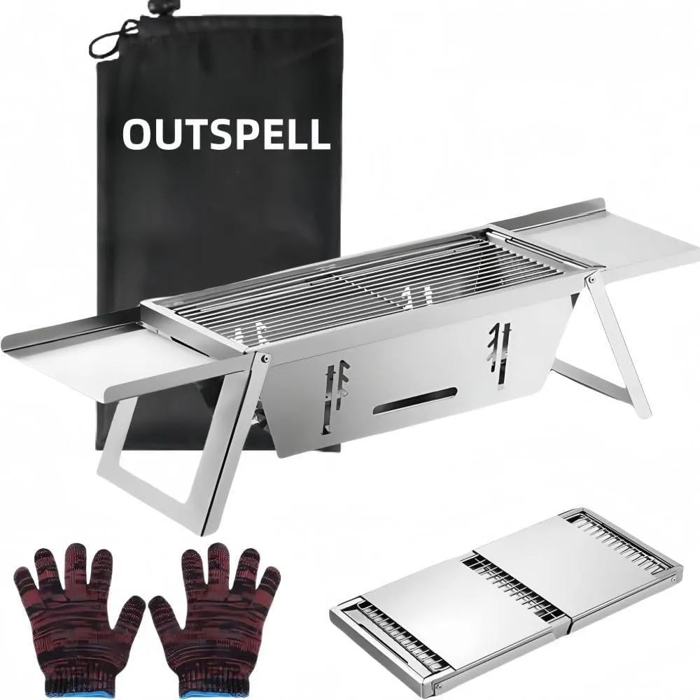 Small portable charcoal grill shown in folded and unfolded positions for outdoor cooking