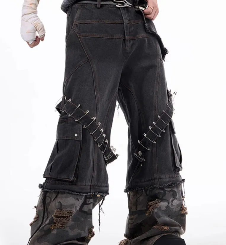 Men's grey camouflage splicing jeans with pin ribbon detailing on cotton denim fabric