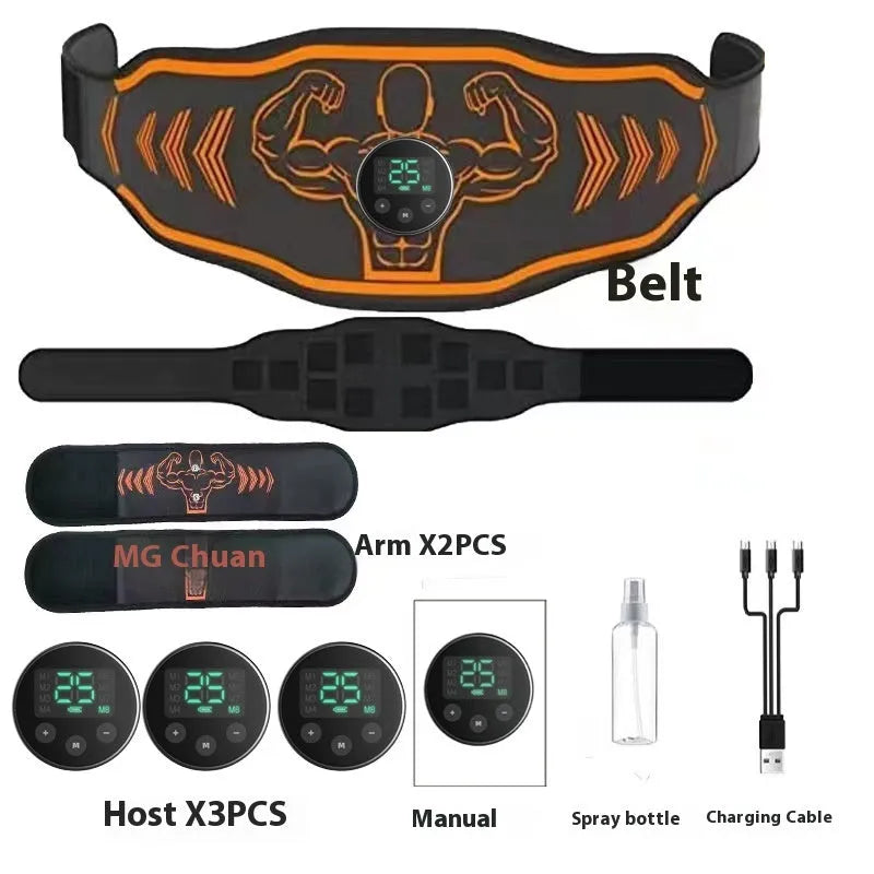 Smart massage belt fitness equipment showing orange and blue options with rechargeable host unit, belt, and arm stickers