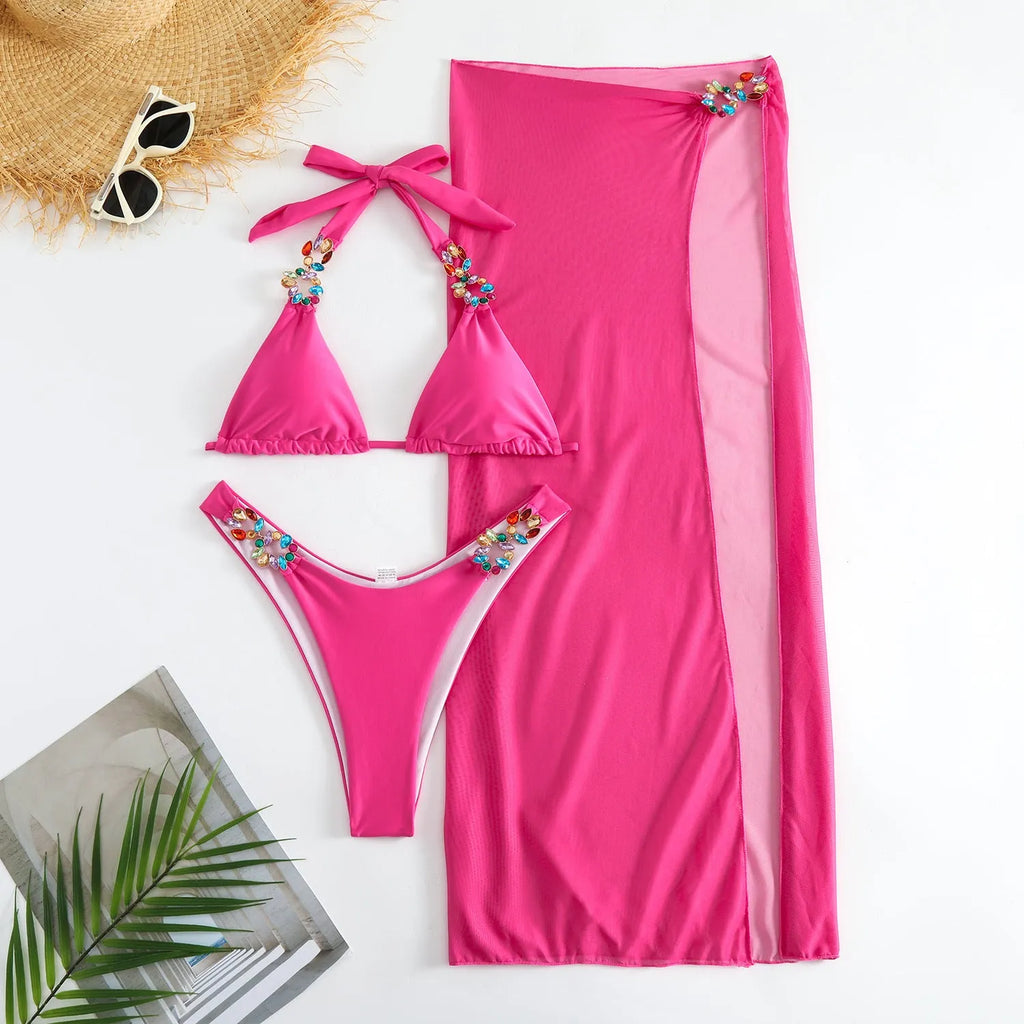 Three-piece swimsuit bikini set with mesh long skirt in light diamond print polyester fabric
