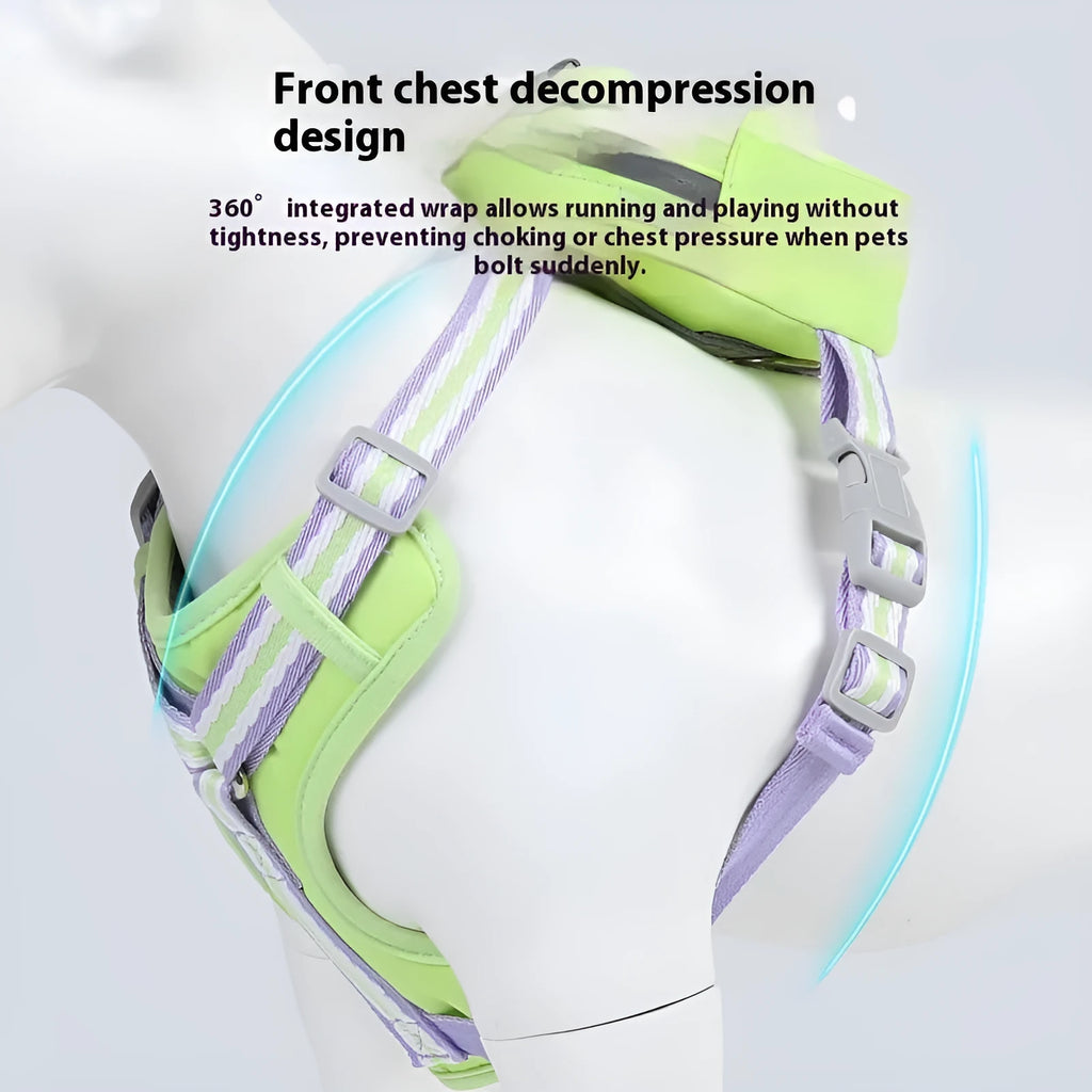 Explosion-proof anti-strangulation pet harness with breakaway buckle on a small dog, includes 1.5 metre rope.