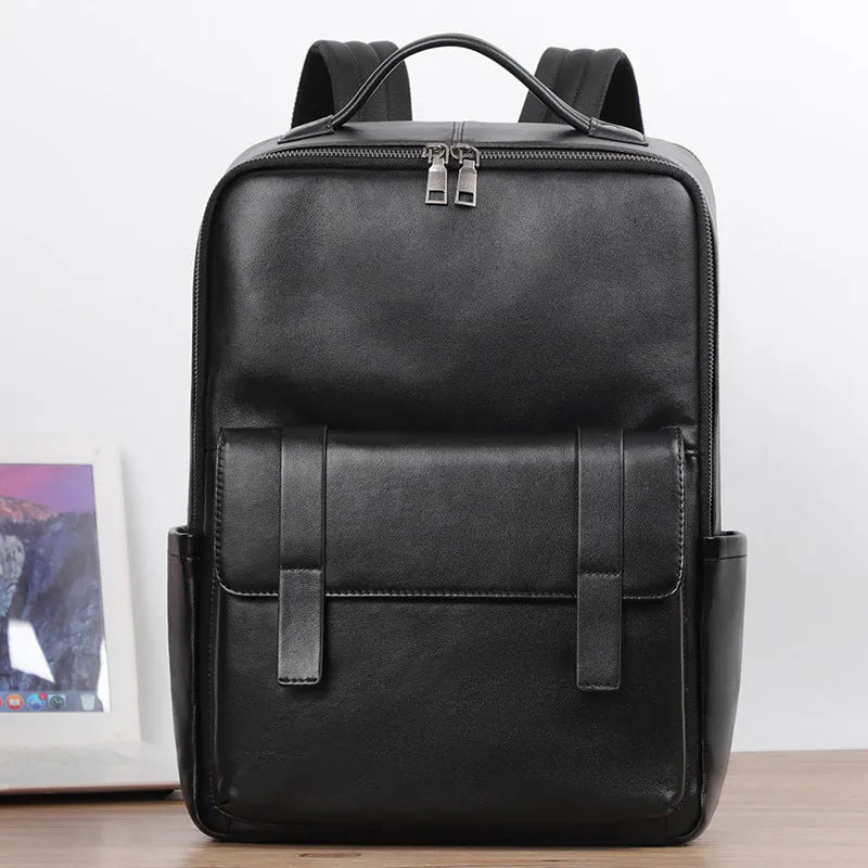 Men's black genuine leather computer backpack with 36-55L capacity for business travel