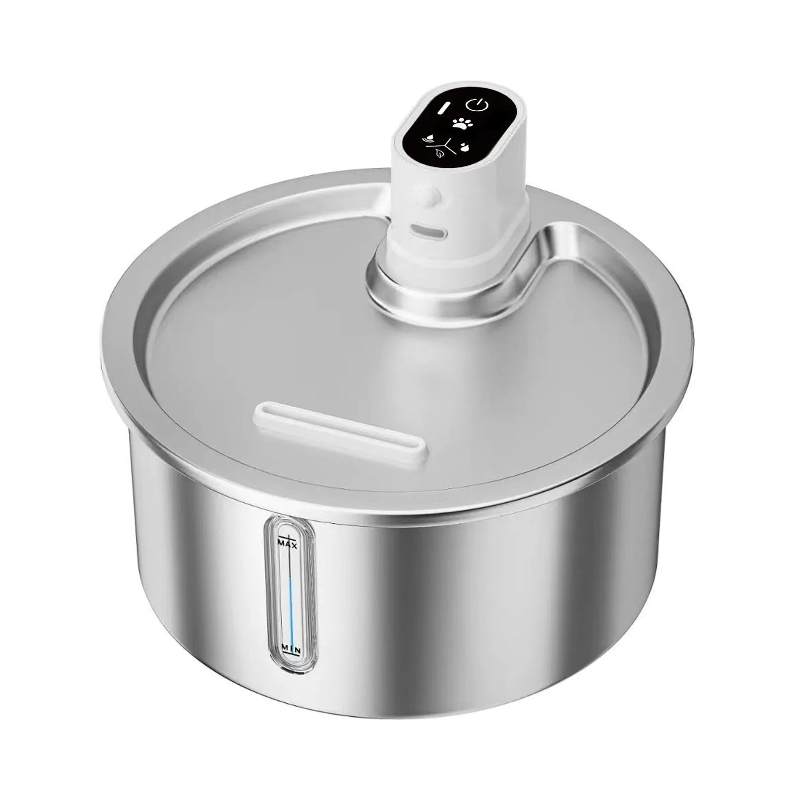 White stainless steel pet water fountain with LED temperature display on heated base