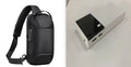 Black 20000mAh portable power bank with charging cable, dimensions 135mm by 60mm.