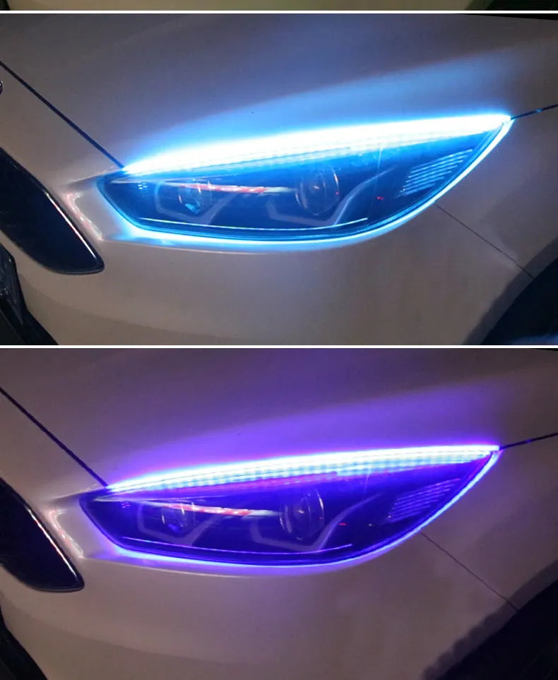 A universal RGB LED daytime running light strip for cars with a remote control, shown in three size options.