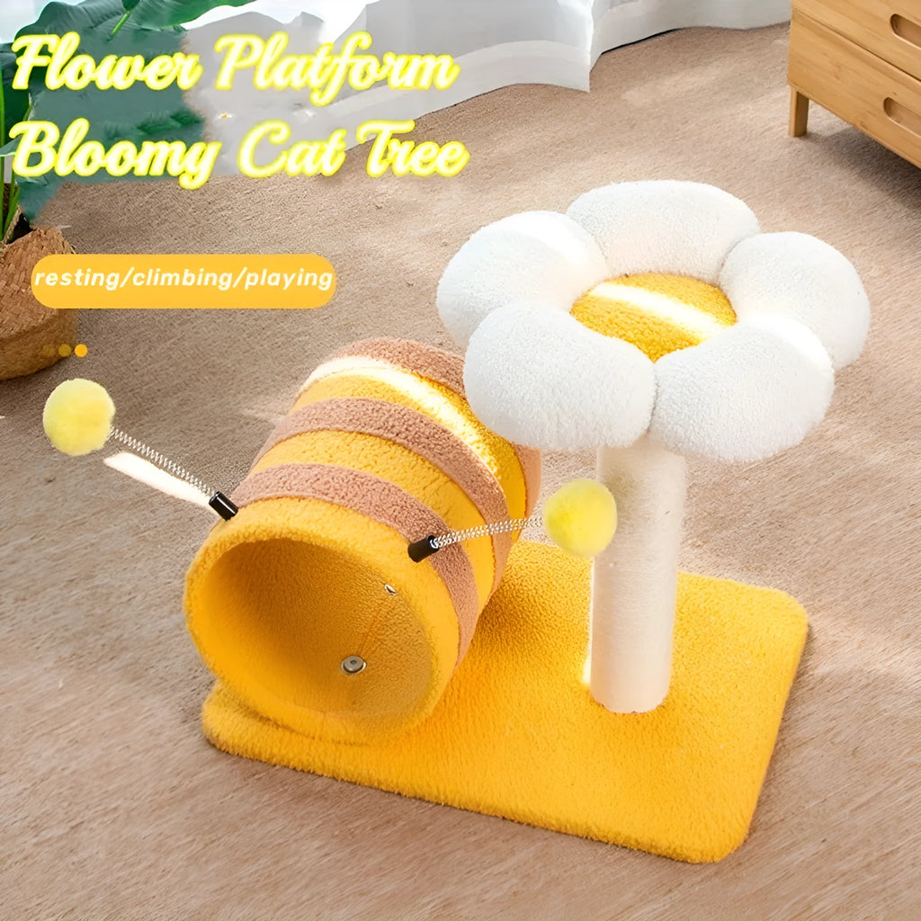 Yellow Bee-shaped cat climbing frame with sisal scratching post and fabric tunnel