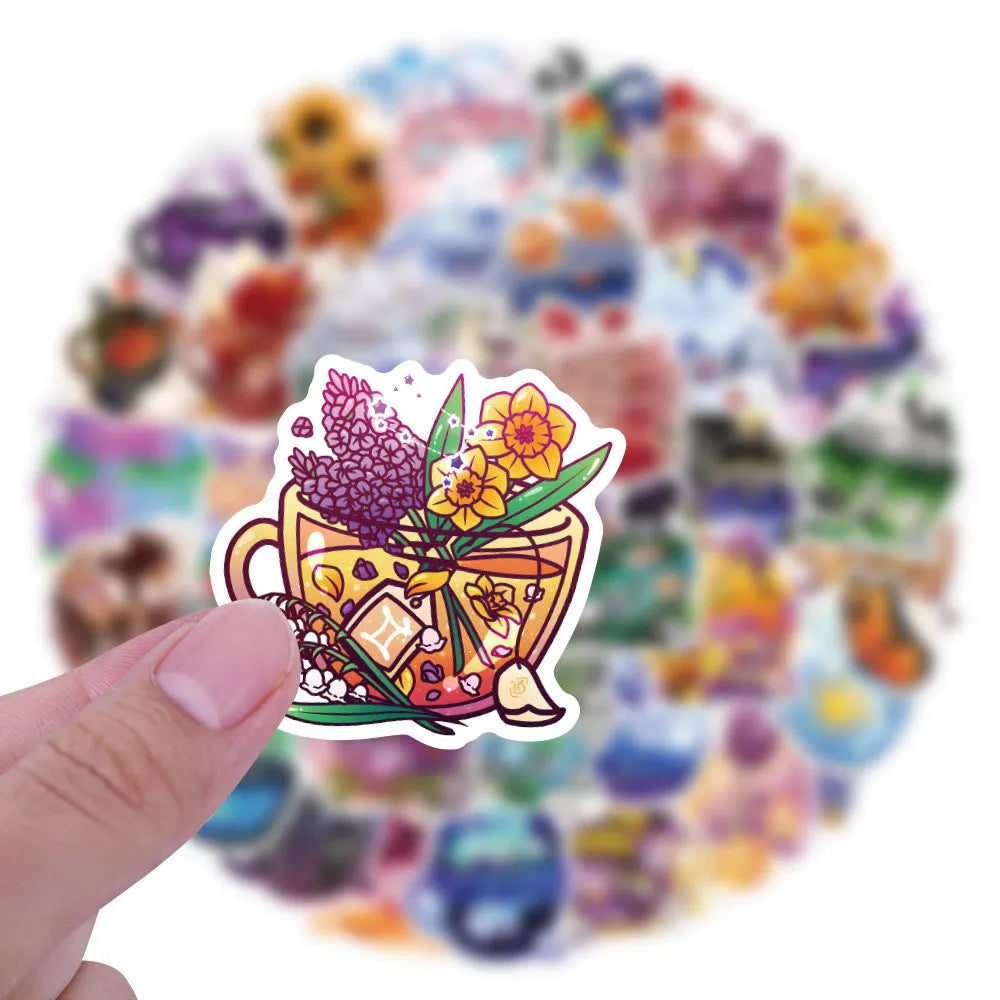 50 colourful graffiti tea cup design waterproof vinyl stickers for DIY personalisation