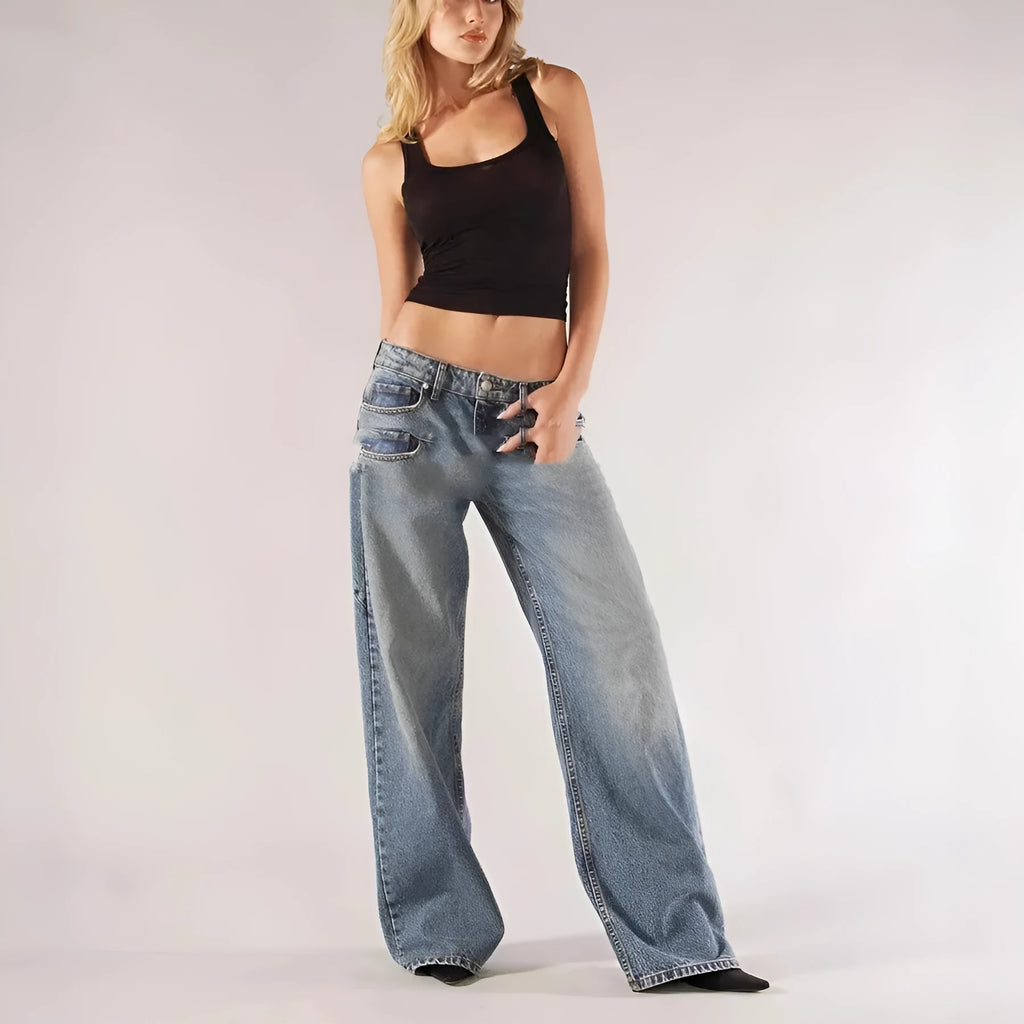 Cotton loose straight wide leg mop trousers in blue colour with low waist design