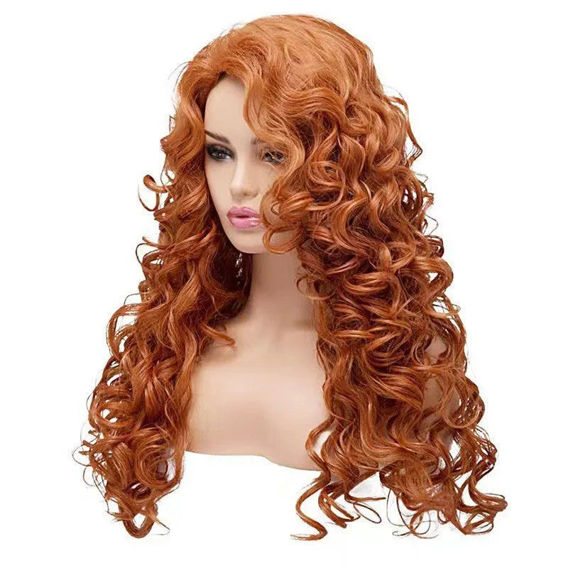 Brown long wavy curly cosplay wig with fluffy texture on a wig head.