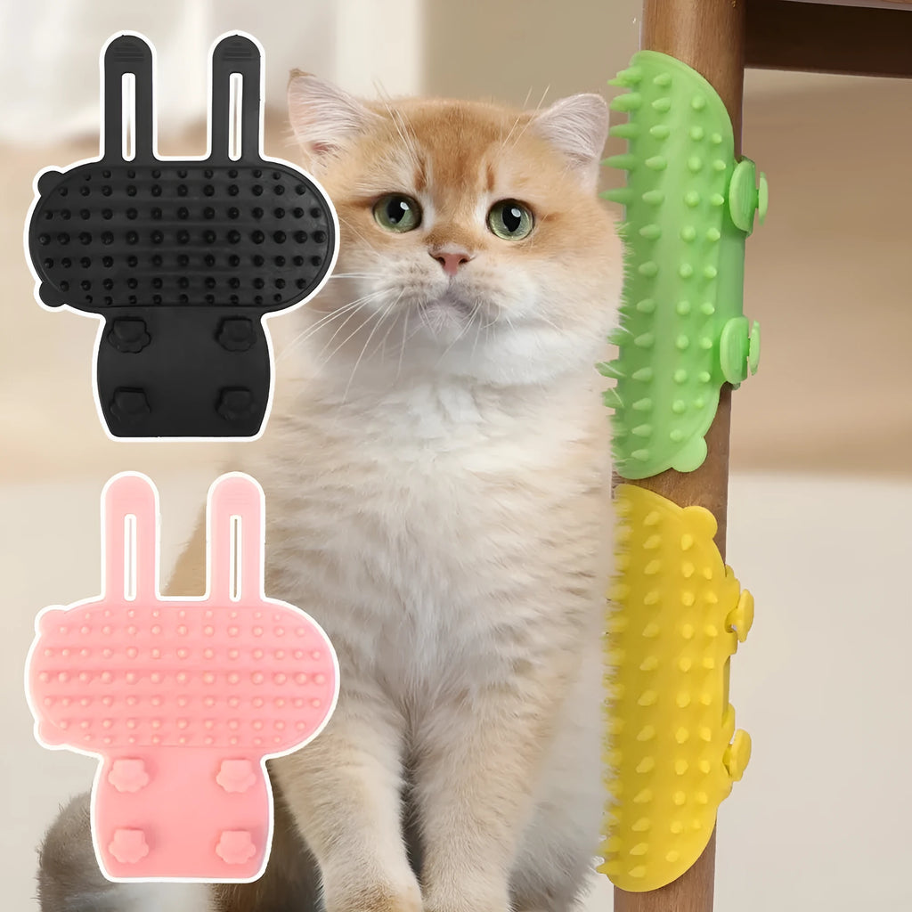 Silicone cat grooming brush with comb teeth mounted on table leg for scratching and hair removal