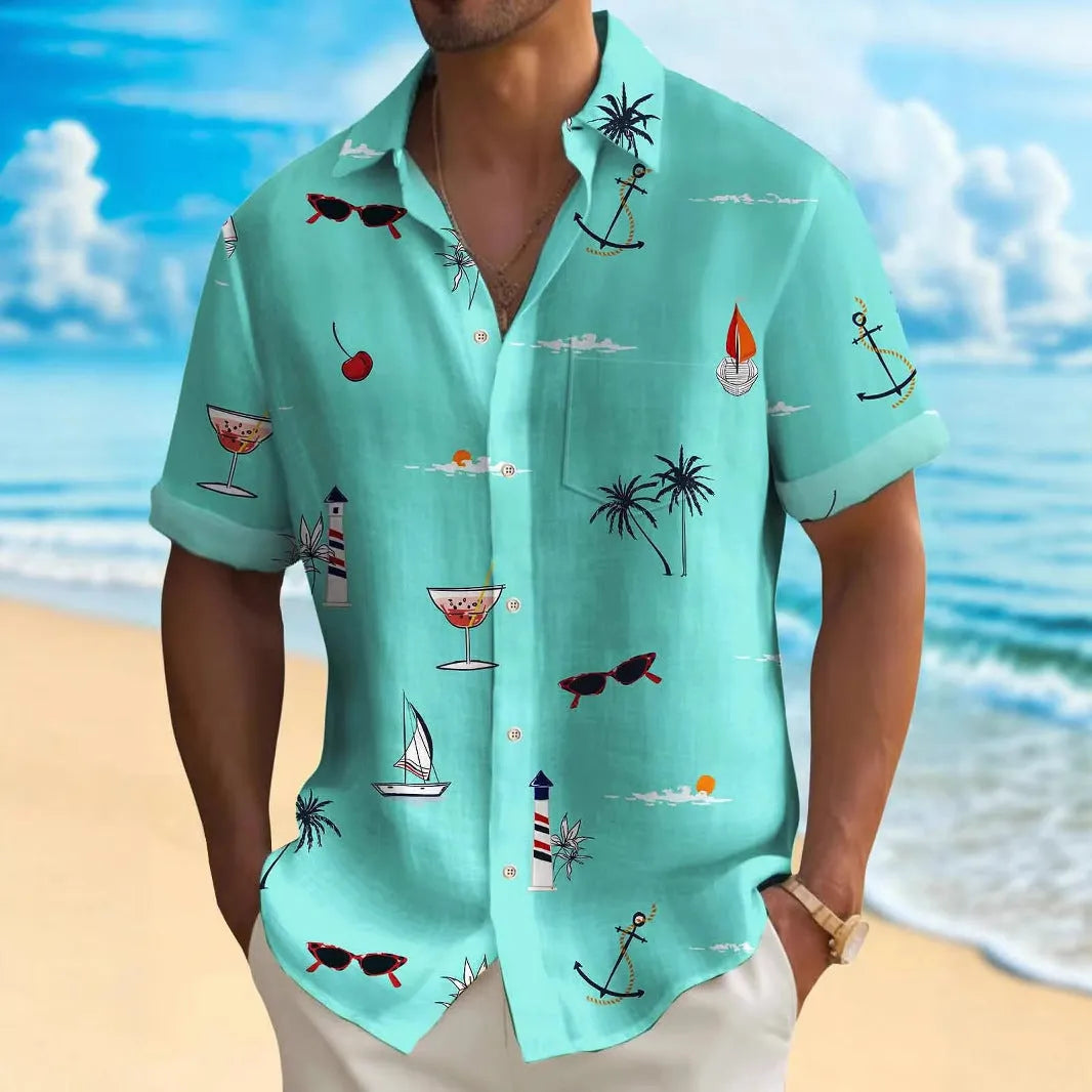 Men's loose fit Hawaiian patterned shirt with digital printing short sleeves