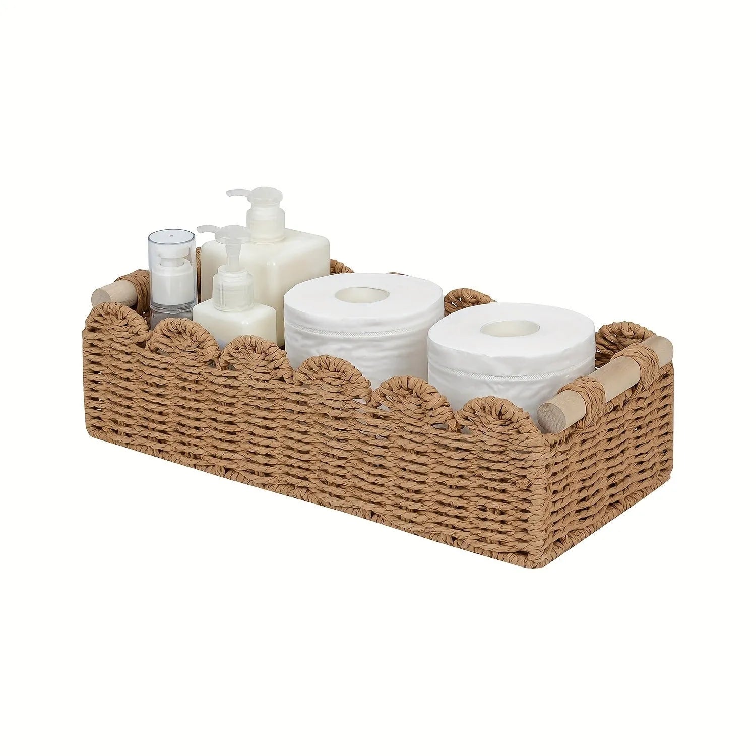Rectangular woven paper storage basket in a neutral colour on a wooden desktop