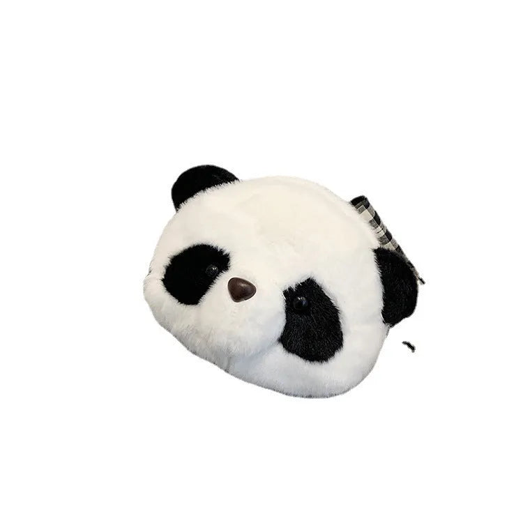 Plush cylindrical crossbody bag with panda head design measuring 18×15×8cm