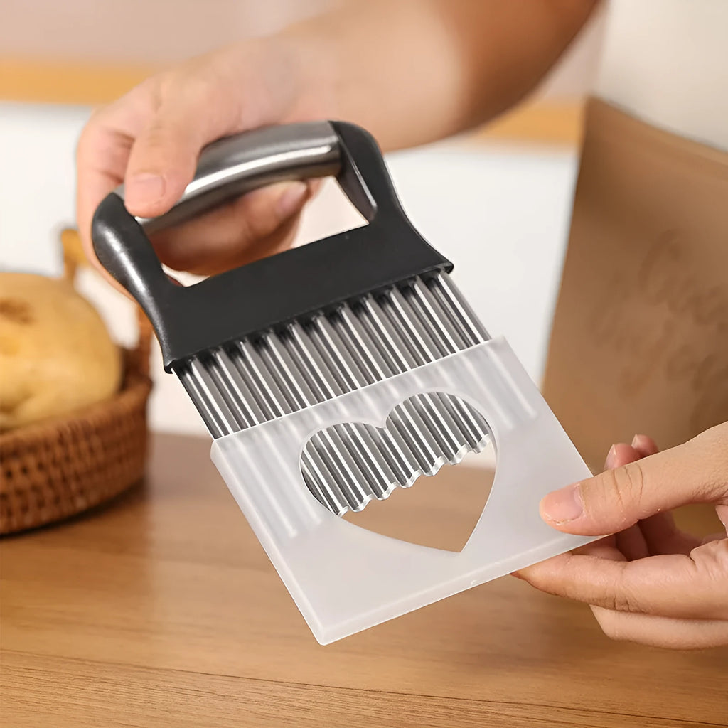 Stainless steel potato wave knife for making wavy vegetable slices, shown in black or white.
