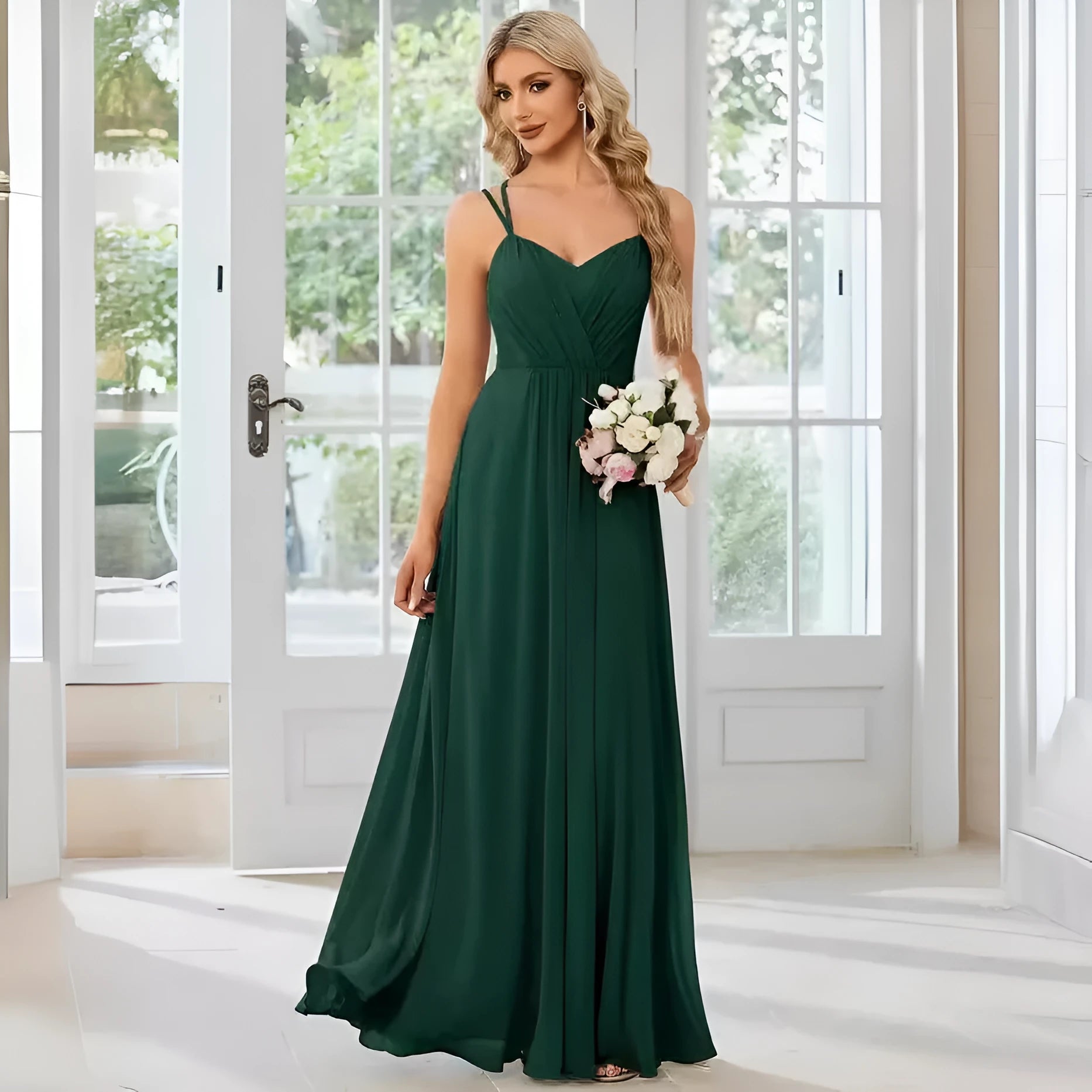 Women's long pleated A-line sleeveless dress in light green polyester fabric
