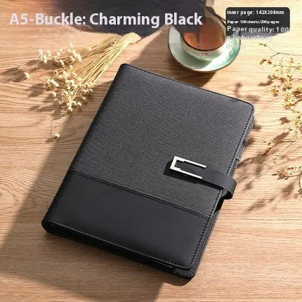 A5 business notebook with PU leather cover in brown, black, green, blue, or red, alongside a luxury gift box.