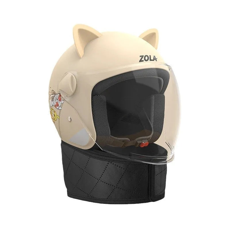 Winter electric bicycle helmet with anti-fog visor and attached scarf in blue colour