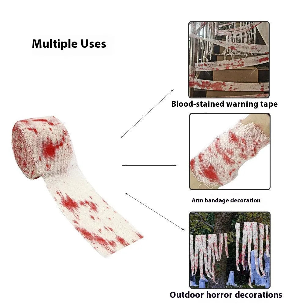 A roll of 8cm wide bloody red polyester Halloween bandage for costume wrapping.