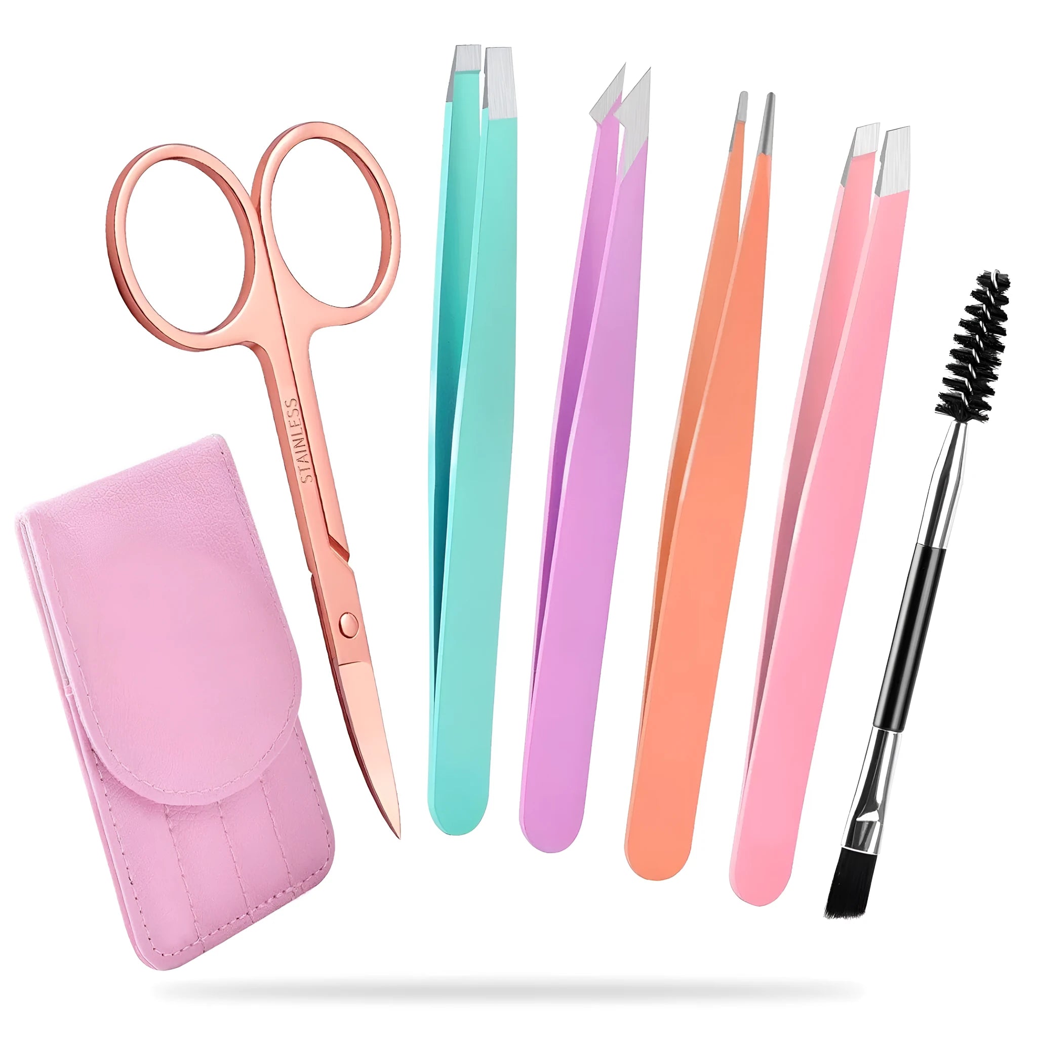 Six-piece stainless steel eyebrow tweezers set with curved scissors and leather case