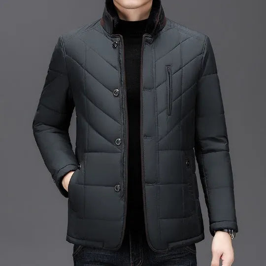 Men's dark blue cotton-padded winter short coat with side seam pockets