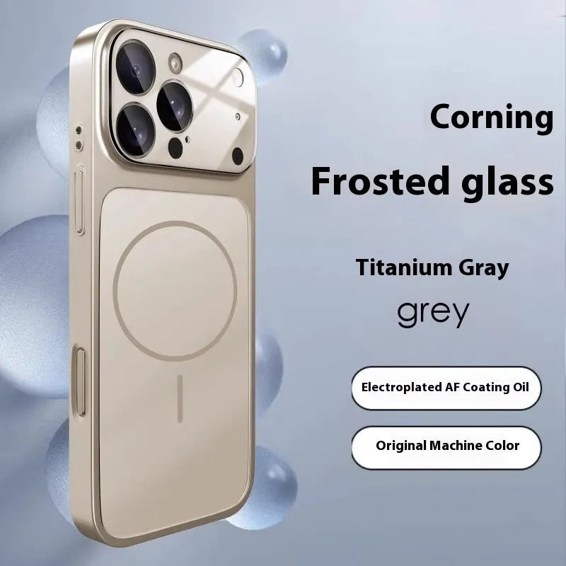 Frosted tempered glass magnetic iPhone case in titanium grey colour showing textured surface.