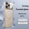 Frosted tempered glass magnetic iPhone case in titanium grey colour showing textured surface.