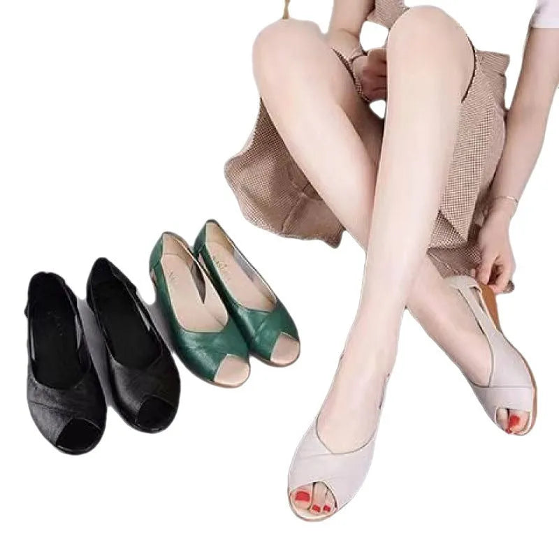 Women's black peep toe casual sandals with an ankle buckle and a rubber sole, shown in a Pop style.
