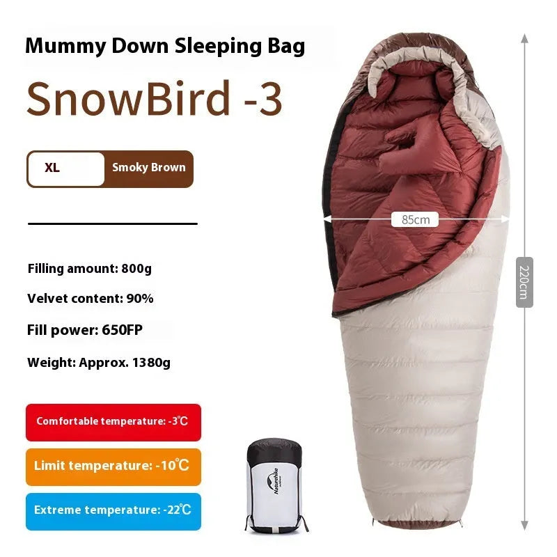 Mummy-style goose down sleeping bag for adults in a storage bag, showing size label options.
