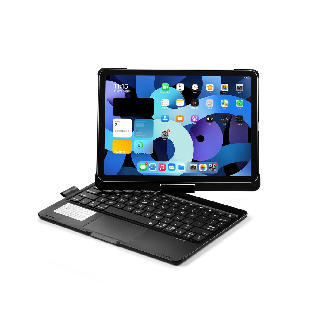 Black Bluetooth keyboard with 360-degree rotation and backlit keys for iPad tablets