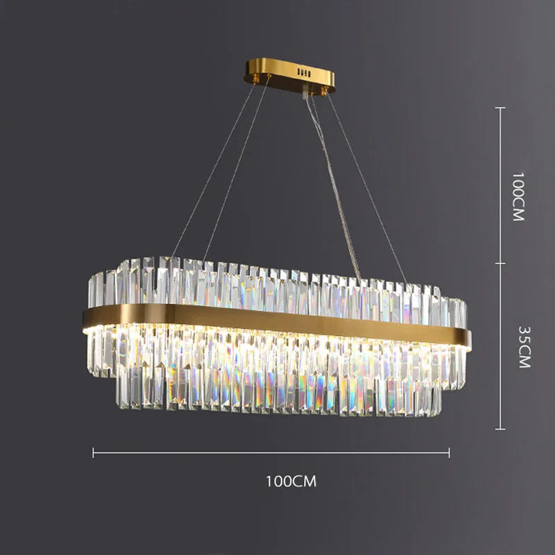 Stainless steel and crystal multi-head chandelier light with adjustable height for ceiling.