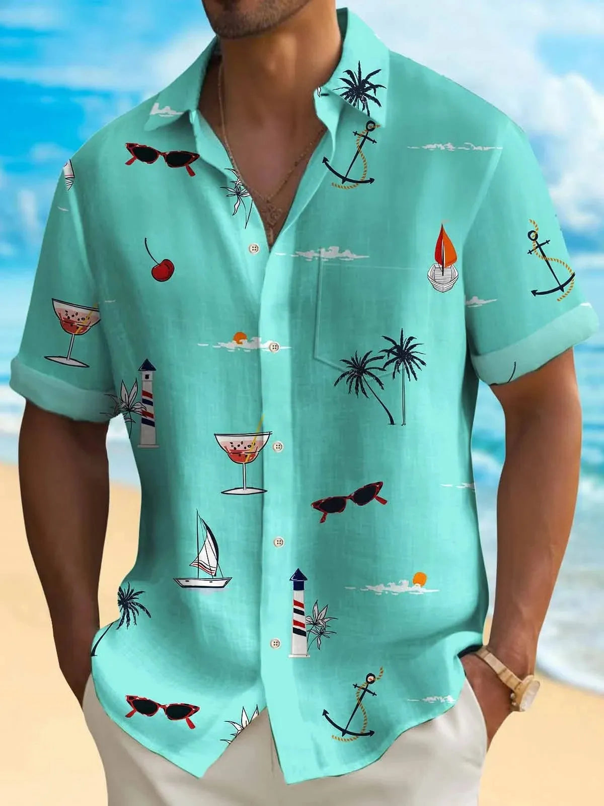 Men's loose fit Hawaiian patterned shirt with digital printing short sleeves