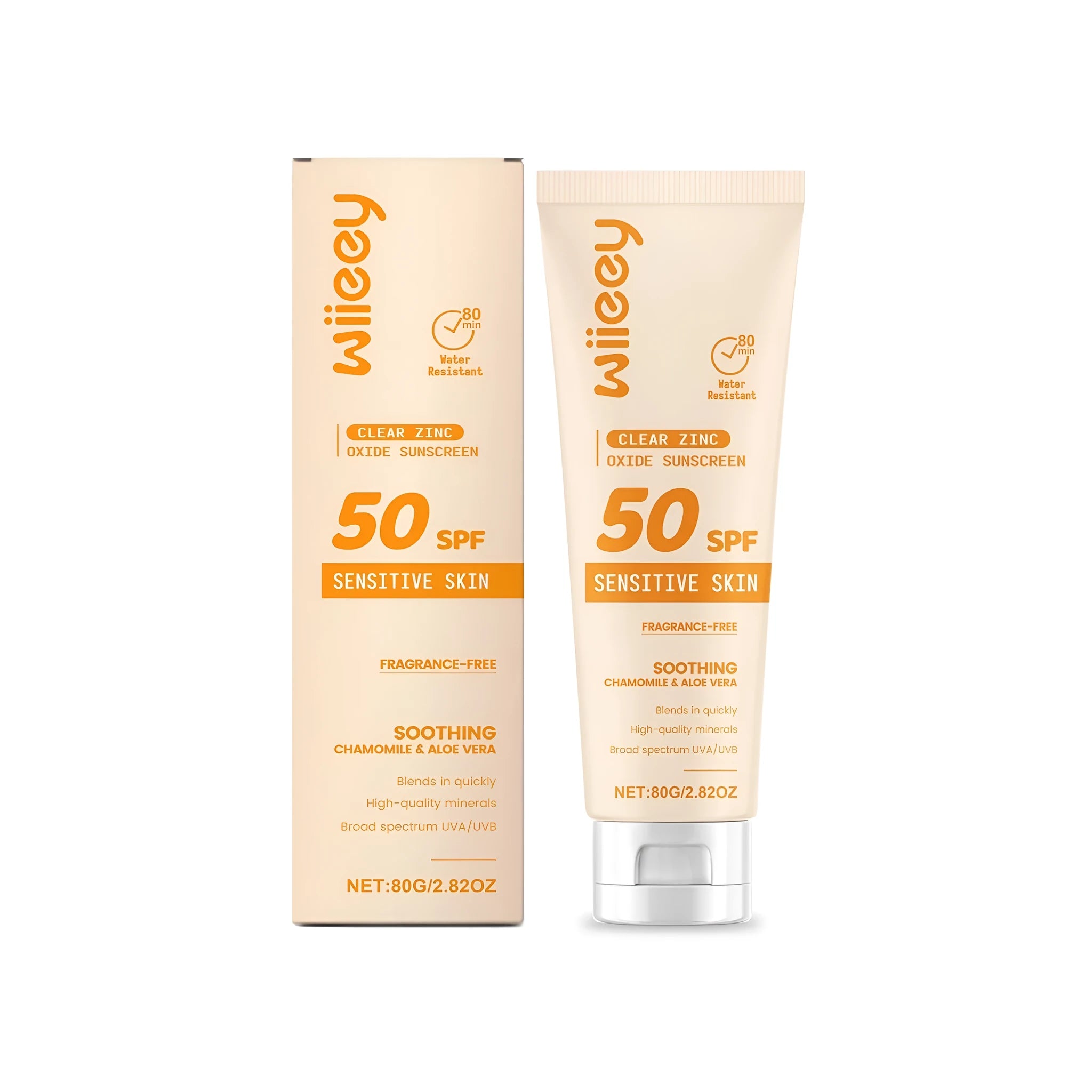 Clear zinc oxide sunscreen tube with chamomile and aloe extracts
