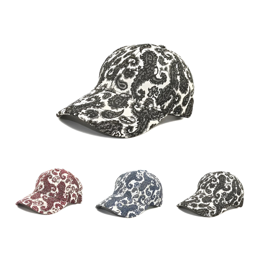 Polyester baseball cap with paisley print pattern in blue, black, or wine red.
