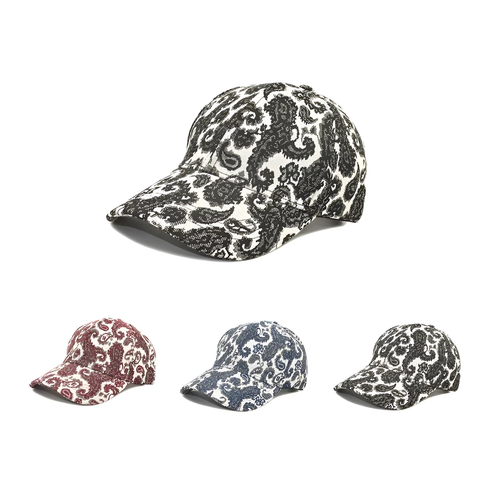 Polyester baseball cap with paisley print pattern in blue, black, or wine red.