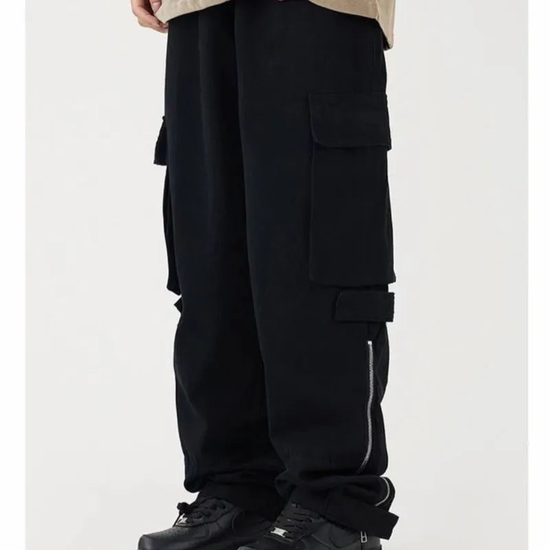 Men's cotton loose straight tube multi pocket cargo pants in Black and Apricot