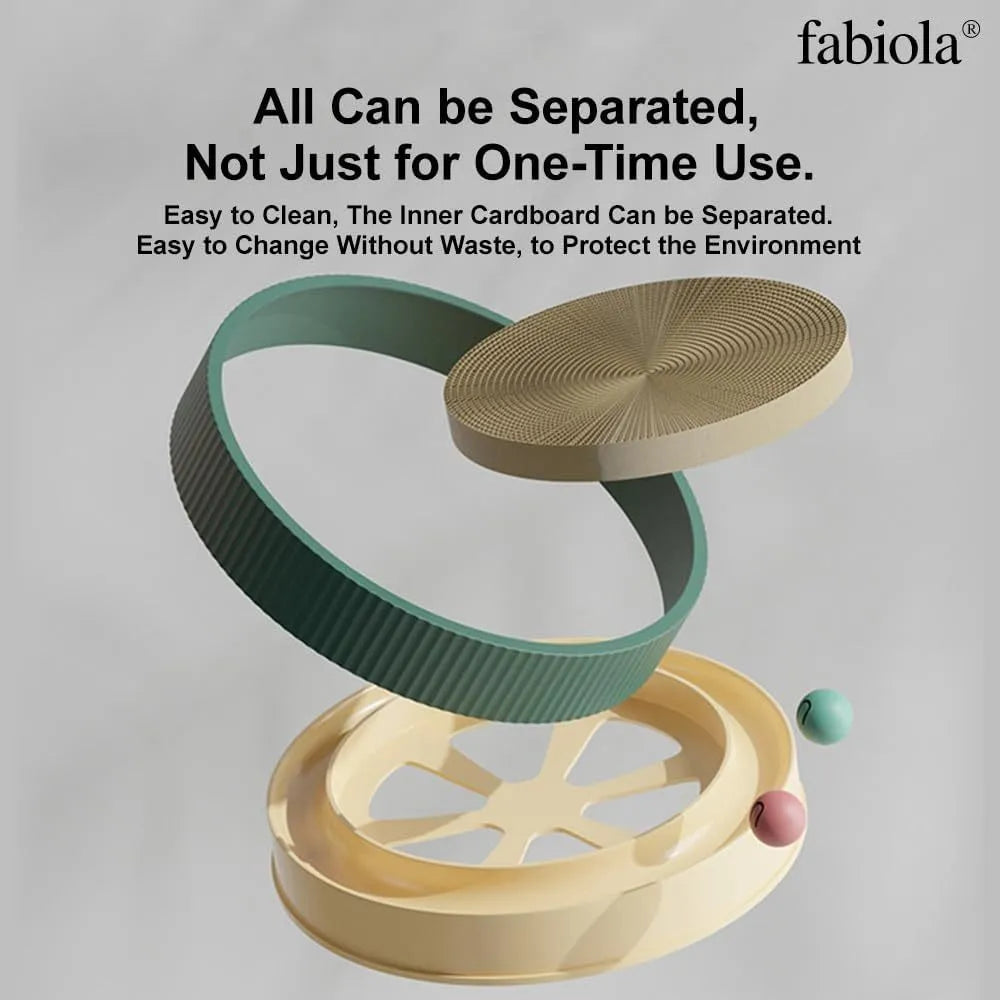 Large circular cat scratching board with replaceable cardboard centre and integrated ball toys