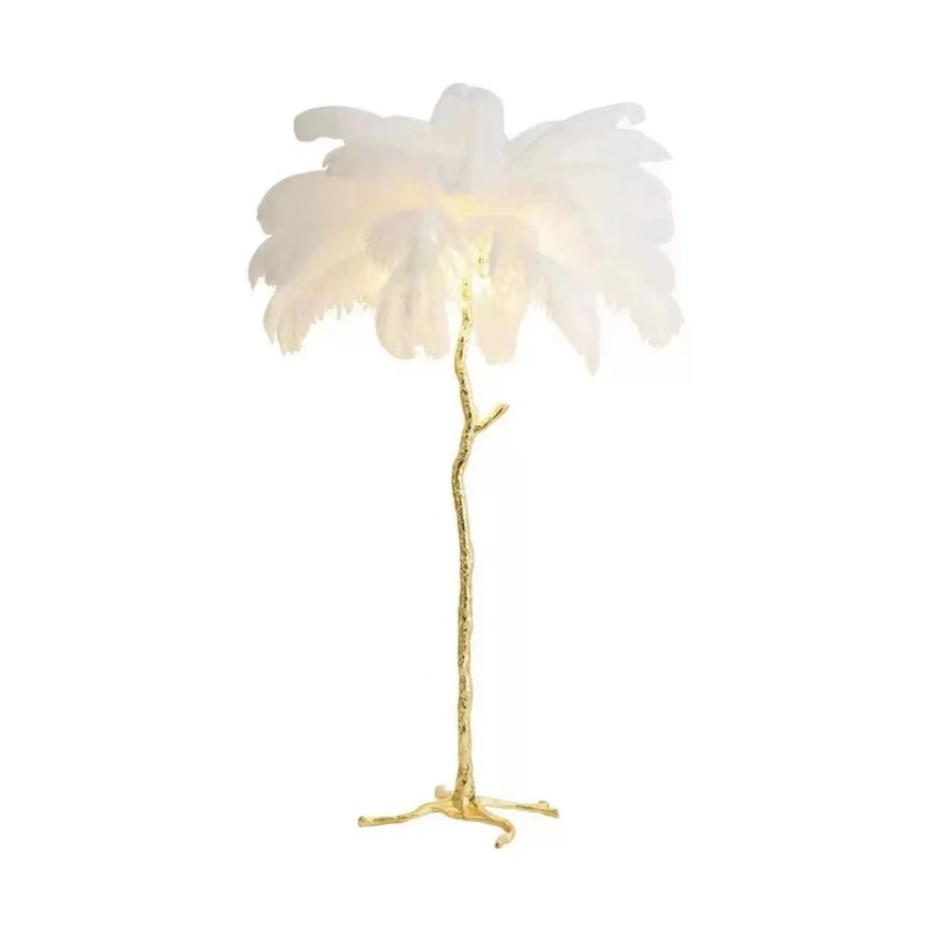 Decorative resin feather floor lamp with 32 feathers in white, pink, or dark green colours