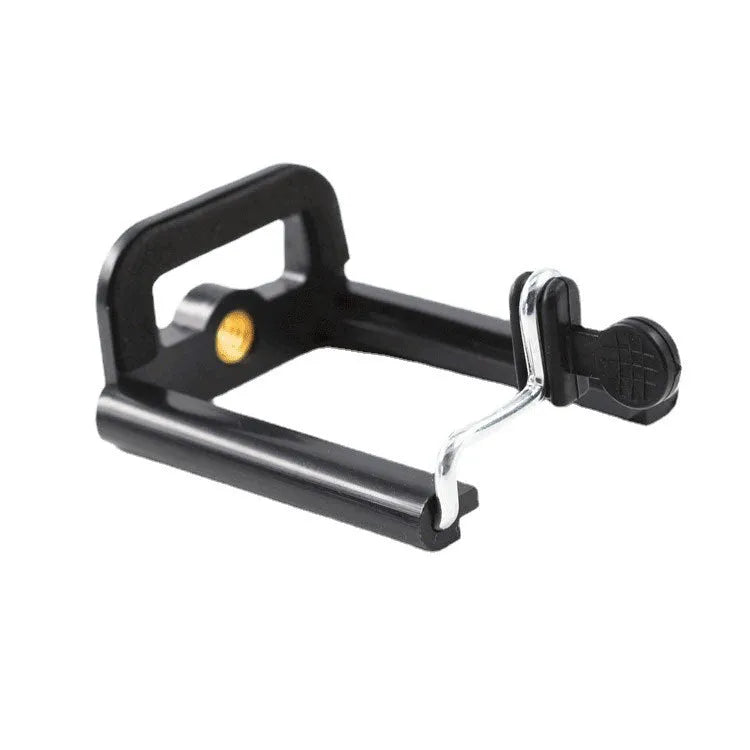 Black plastic U-clip mobile phone bracket mounted on a hose with phone secured in holder