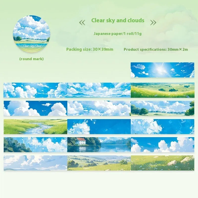 Japanese paper washi tape roll with cloud and sky theme designs including twilight and purple nebula patterns